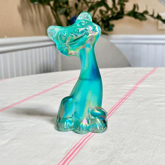 Moser Other - Fenton Glass Mould Mosser Teal Carnival Glass Happy Cat